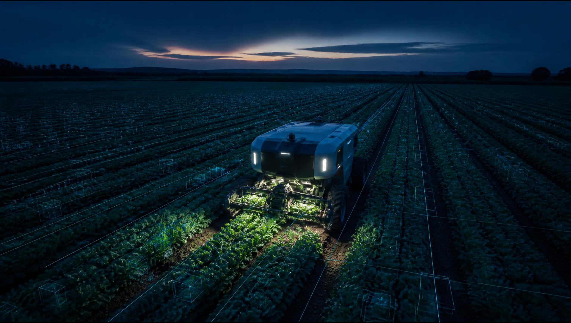 Autonomous agricultural machinery operating in precision crop rows at dusk with machine vision data overlays
